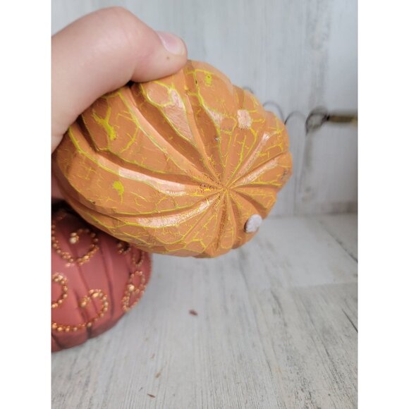Rustic beaded orange pumpkin set Halloween home decor unique - Picture 8 of 8
